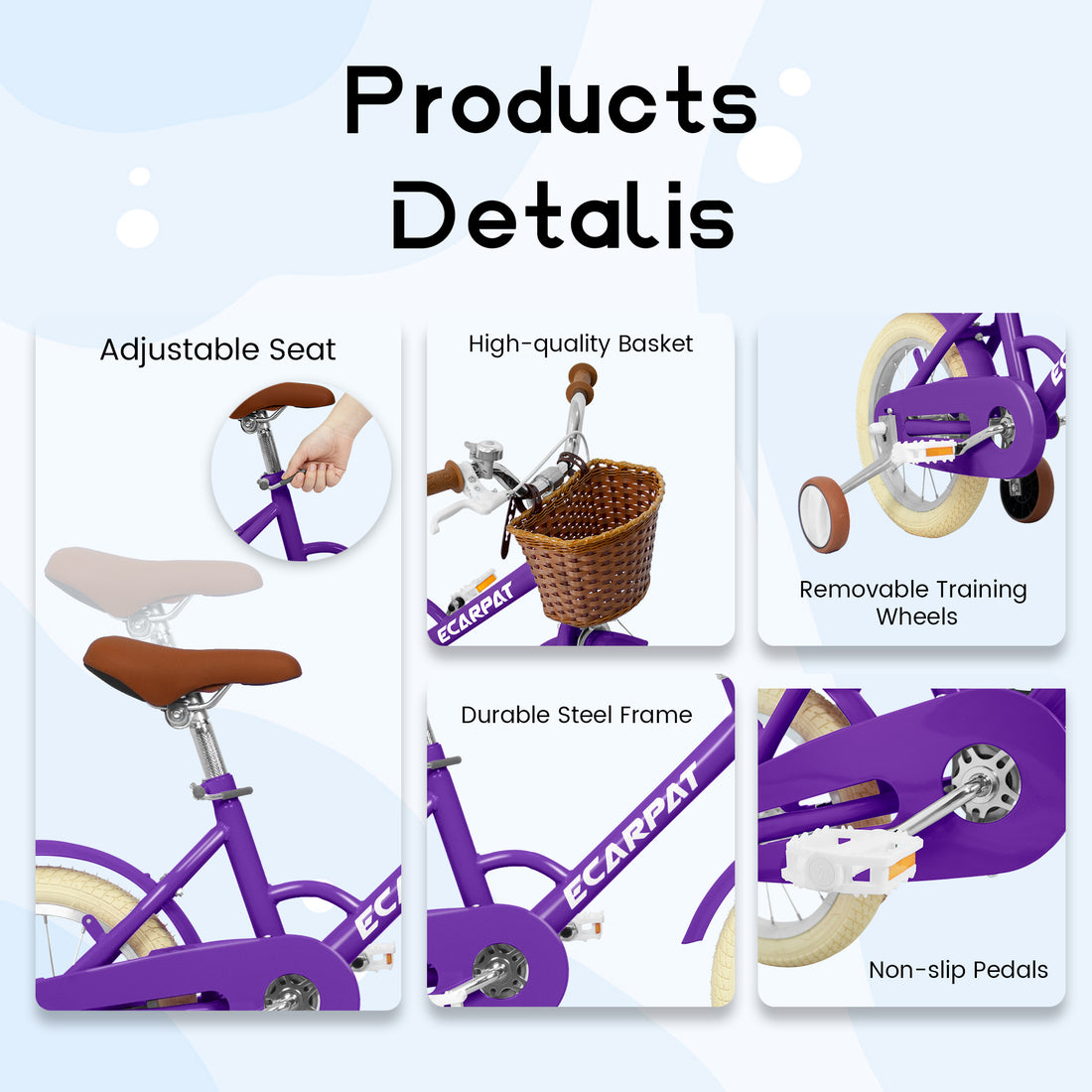 A12116 Ecarpat Kids'Bike Girls Bike 12 Inch Wheels,1 Speed Child Bicycles For 2 3 Years,With Removable Training Wheels Baby Toys,Front V Brake,Rear Holding Brake Purple Steel