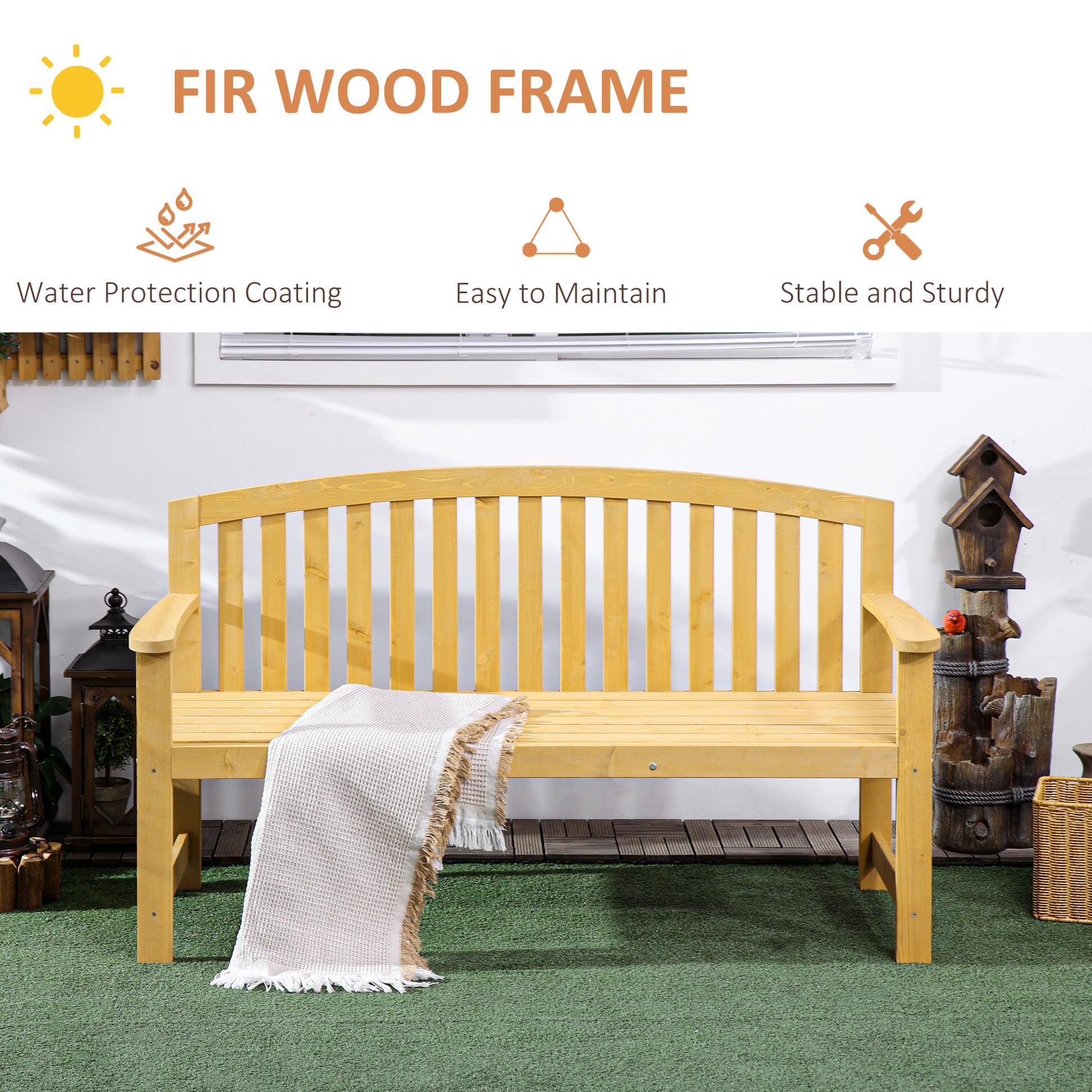Outsunny 56" Outdoor Wood Bench, 2 Seater Garden Bench With Backrest And Armrest, Patio Bench For Patio, Porch, Poolside, Balcony, Natural Natural Wood