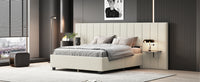 Queen Size Upholstered Platform Bed With Big Headboard, Bedroom Furniture, Velvet, Beige Queen Beige Plywood