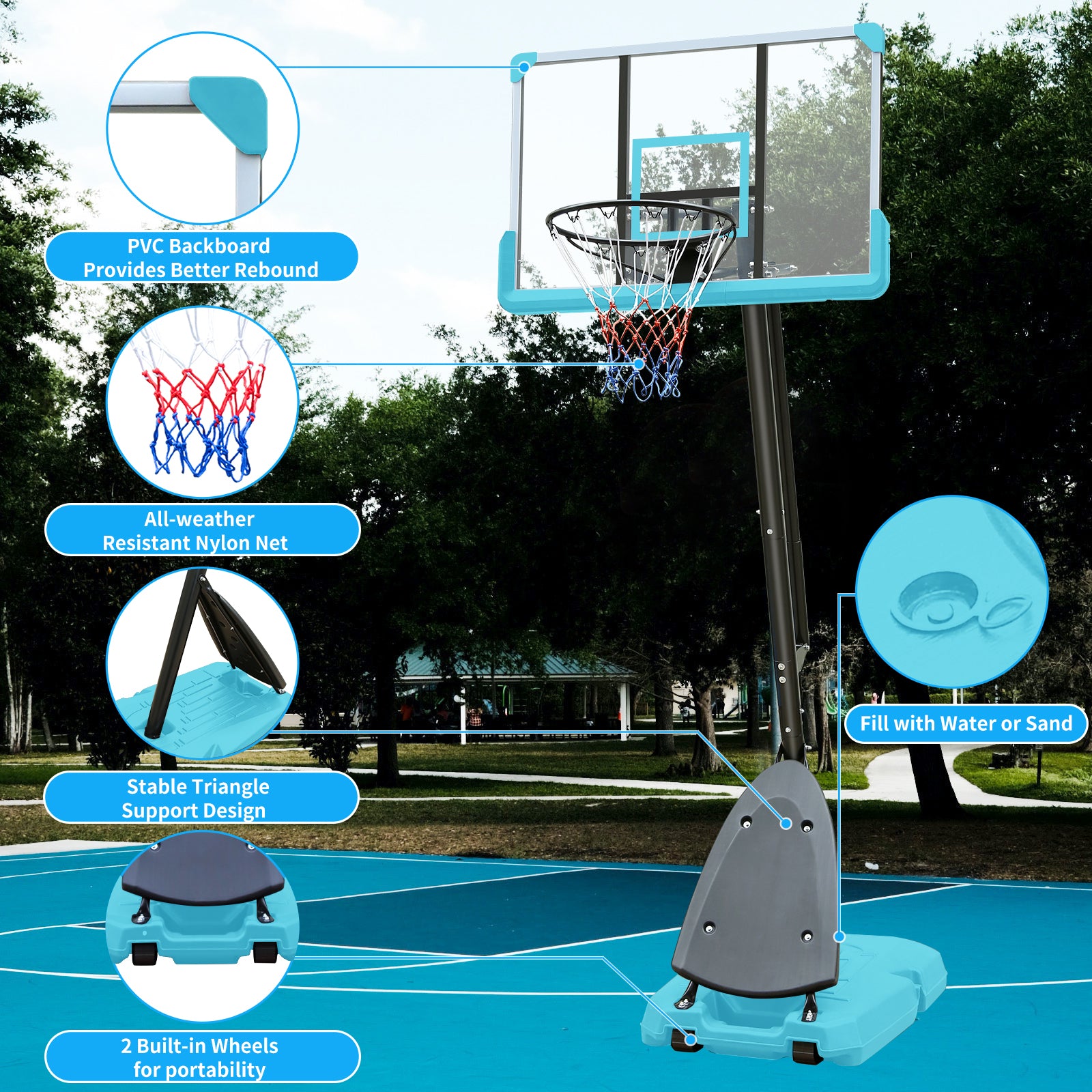 Height Adjustable Basketball Hoop, 7.5 To 10Ft Adjustable Basketball Stand With 44 Inch Backboard, Portable Basketball Goal System With Stable Base And Wheels Blue Balls Sports Black Blue Portable Garden & Outdoor Training Support Iron