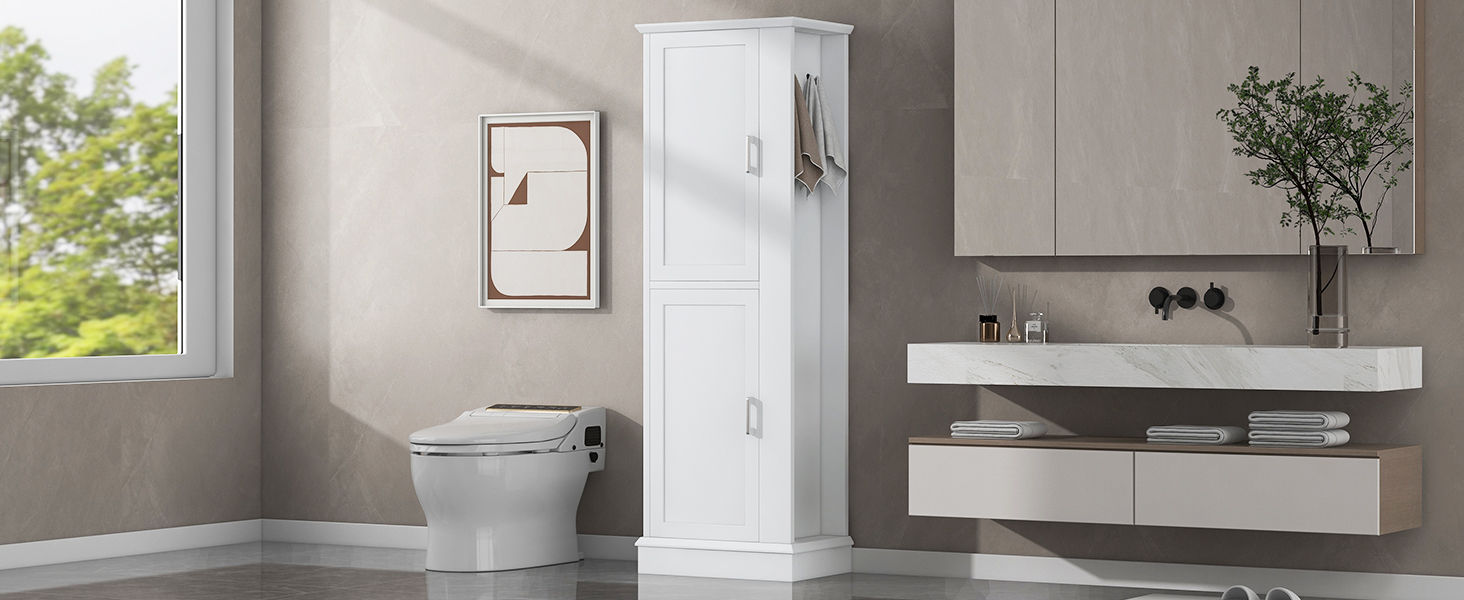 Tall Bathroom Storage Cabinet, Freestanding Storage Cabinet With Hook And Adjustable Shelf, Mdf Board, White White 2 Mdf