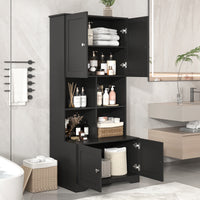 Tall And Wide Bathroom Floor Storage Cabinet, Bathroom Storage Unit, Freestanding Cabinet With 4 Doors, Adjustable Shelves, Open Multi Layer Shelves, Black Black Mdf