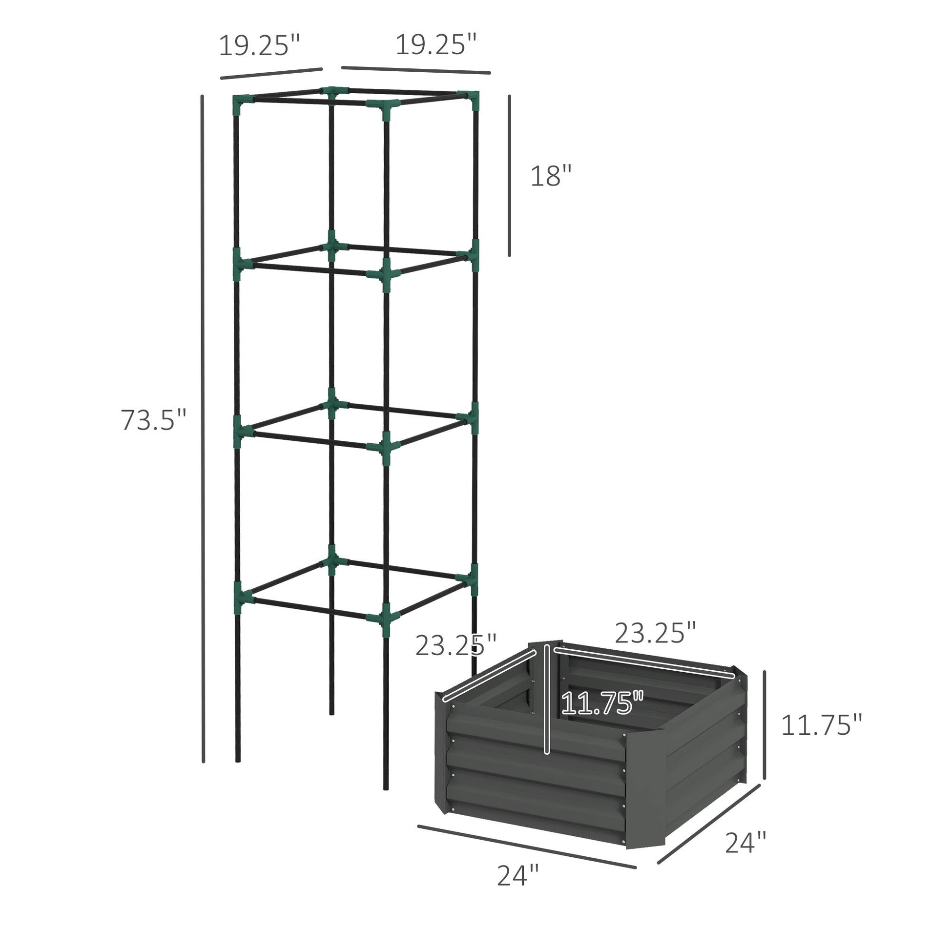 Outsunny Galvanized Raised Garden Bed, 24" X 24" X 11.75" Outdoor Planter Box With Trellis Tomato Cage And Open Bottom For Climbing Vines, Vegetables, Flowers In Backyard, Garden, Patio, Gray Gray Steel