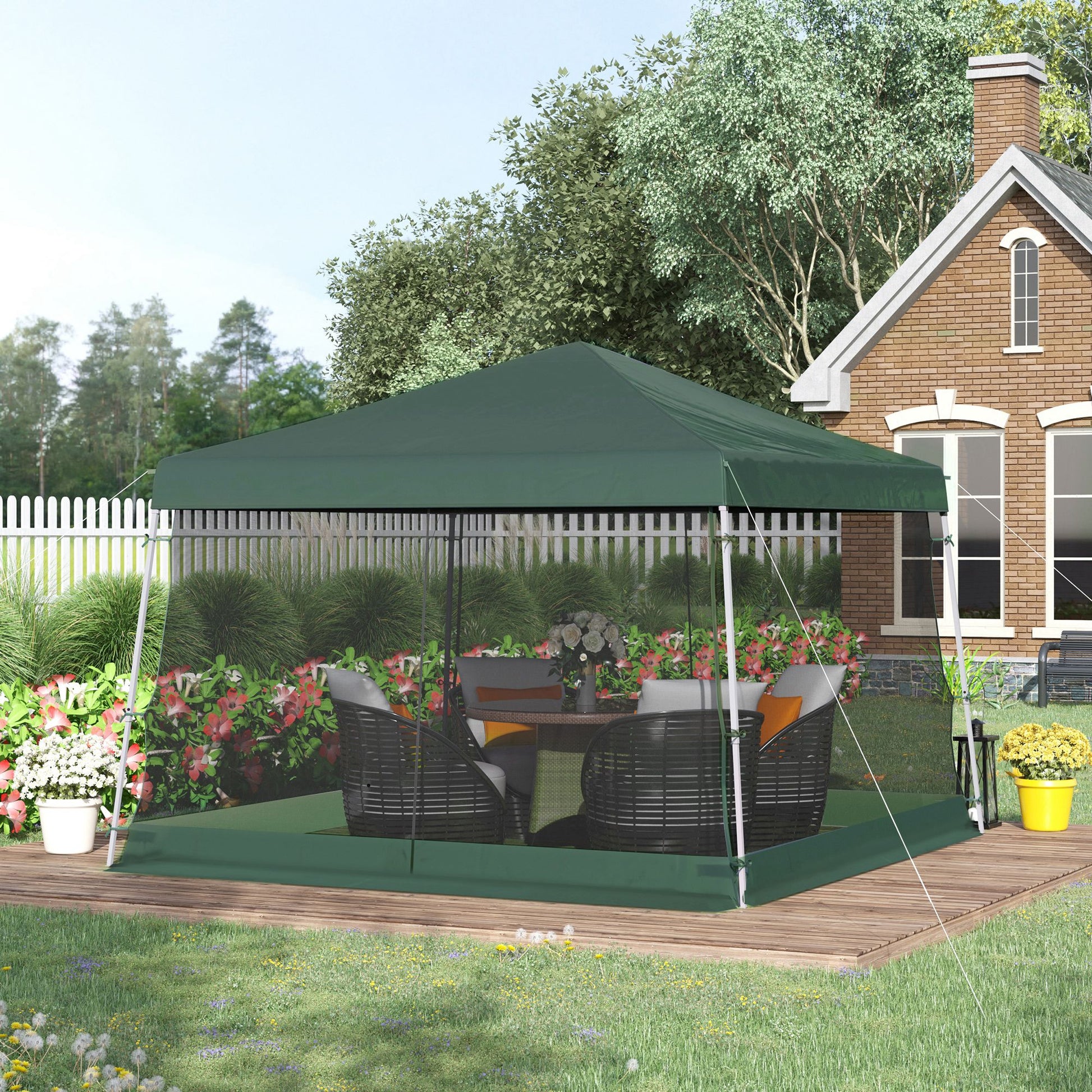 Outsunny Slant Leg Pop Up Canopy Tent With Netting And Carry Bag, Instant Sun Shelter, Tents For Parties, Height Adjustable, For Outdoor, Garden, Patio, 11.5'X11.5' Base 10'X10' Top , Green Green Steel
