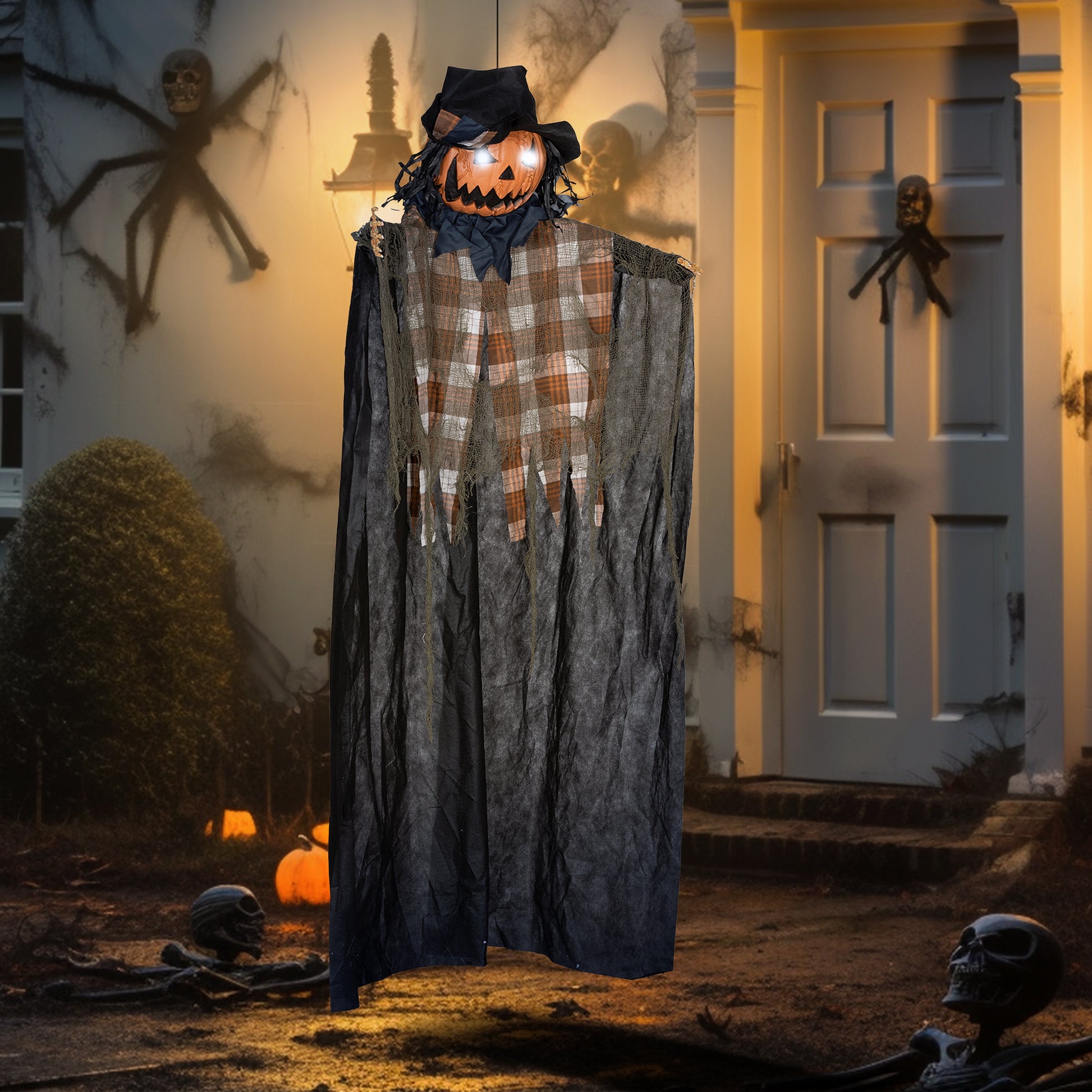 Homcom 6' Life Size Halloween Hanging Pumpkin Ghost Decoration, Light Up Eyes And Creepy Talking, Sound Activated Prop For Indoor Or Covered Outdoor Porch, Battery Operated Multicolor Polyester