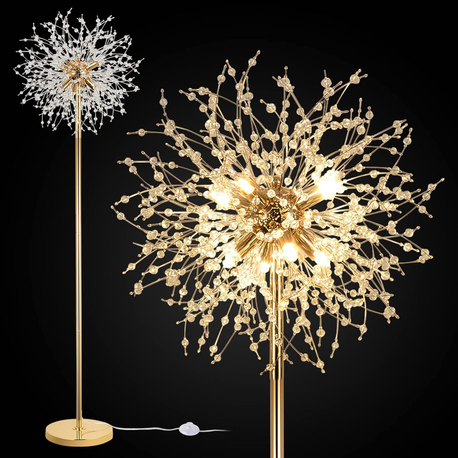 69 Inch Crystal Floor Lamp, Modern Standing Lamp With K9 Crystal, Led Floor Lamp With On Off Foot Switch, Metal Tall Pole Lamp For Living Room, Girls Room, Bedroom, Dresser, Office, Gold Finish