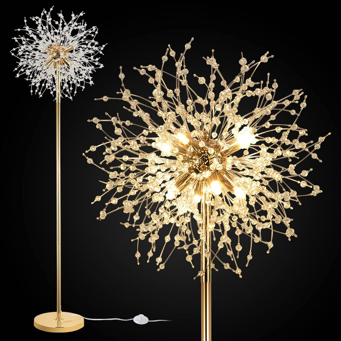 69 Inch Crystal Floor Lamp, Modern Standing Lamp With K9 Crystal, Led Floor Lamp With On Off Foot Switch, Metal Tall Pole Lamp For Living Room, Girls Room, Bedroom, Dresser, Office, Gold Finish