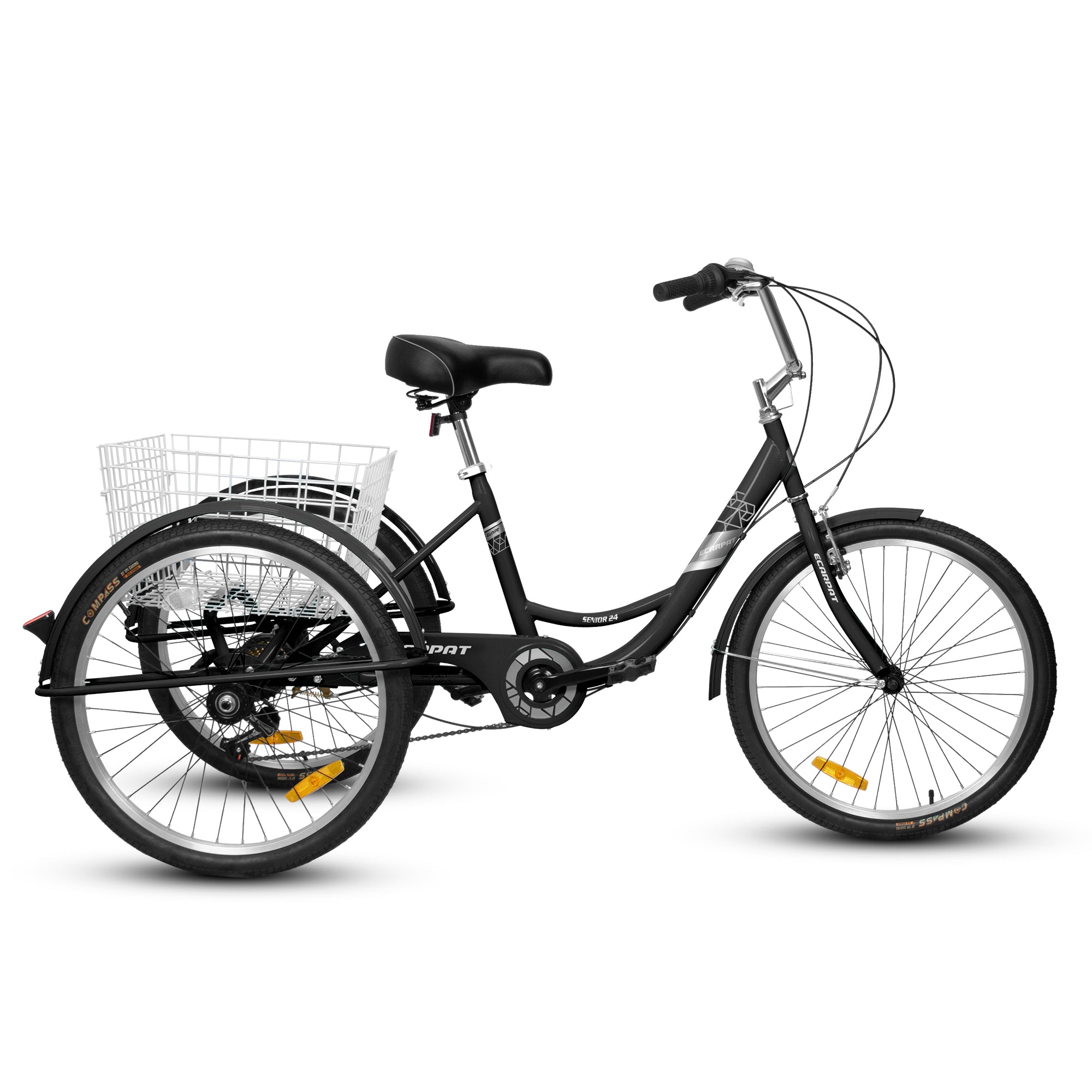 A24632 Adult Tricycles 7 Speed, Adult Trikes 24 Inch 3 Wheel Bikes, Three Wheeled Bicycles Cruise Trike With Shopping Basket For Seniors, Women, Men Black Carbon Steel