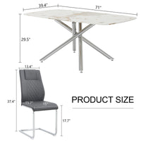 Table And Chair Set.Modern Luxurious White Marble Patterned Tempered Glass Dining Table With 6 Chairs.Single Fork Silver Metal Table Legs.Dark Gray Pu Dining Chairs With Silver Metal Legs. Dark