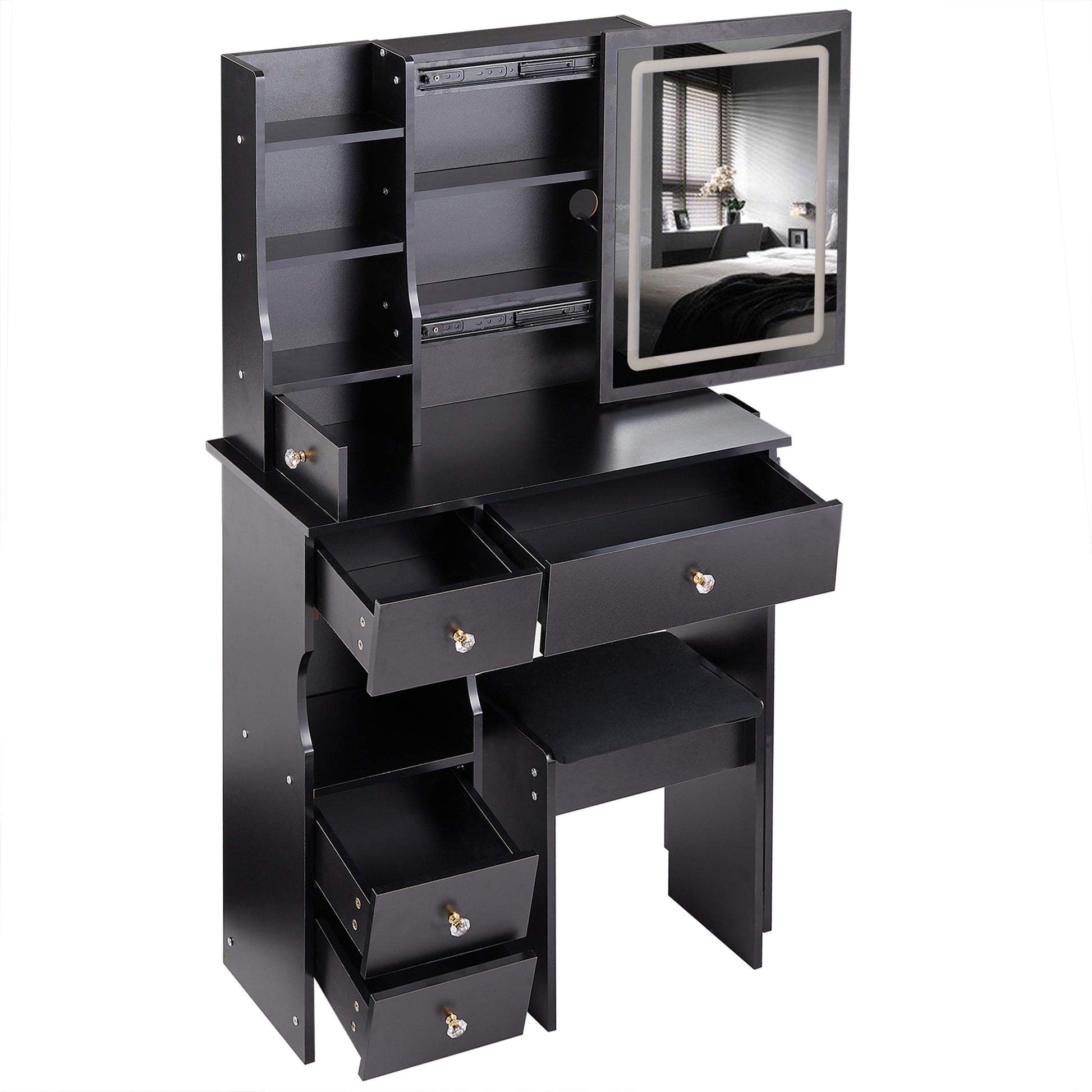 Small Size Left Drawer Desktop Vanity Table Cushioned Stool, 2 Ac 2 Usb Power Station, Hair Dryer Bracket, Extra Large Touch Control Sliding Led Mirror, Tri Color Switching, Epa,Gcc,Ul Certificate