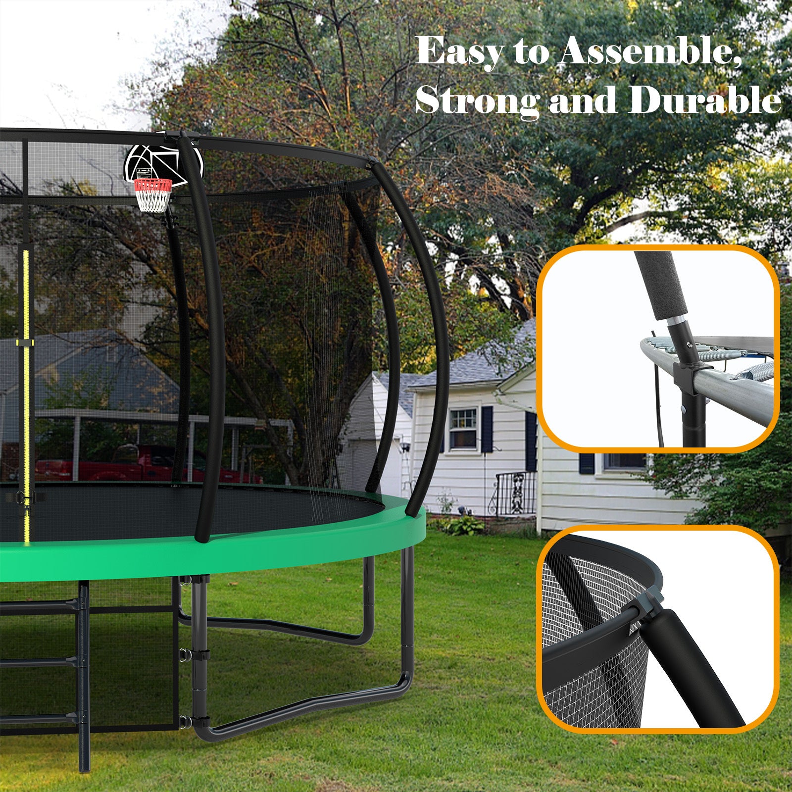 14Ft Trampoline With Enclosure Recreational Trampolines With Ladder And Antirust Coating, Astm Approval Outdoor Trampoline For Kids Green Steel