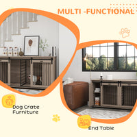 Pawhut Dog Crate Furniture With Removable Divider For 2 Small Dogs Or 1 Large Dog, 71" Modern Dog Kennel Furniture End Table With Storage, Double Doors, Walnut Brown Particle Board