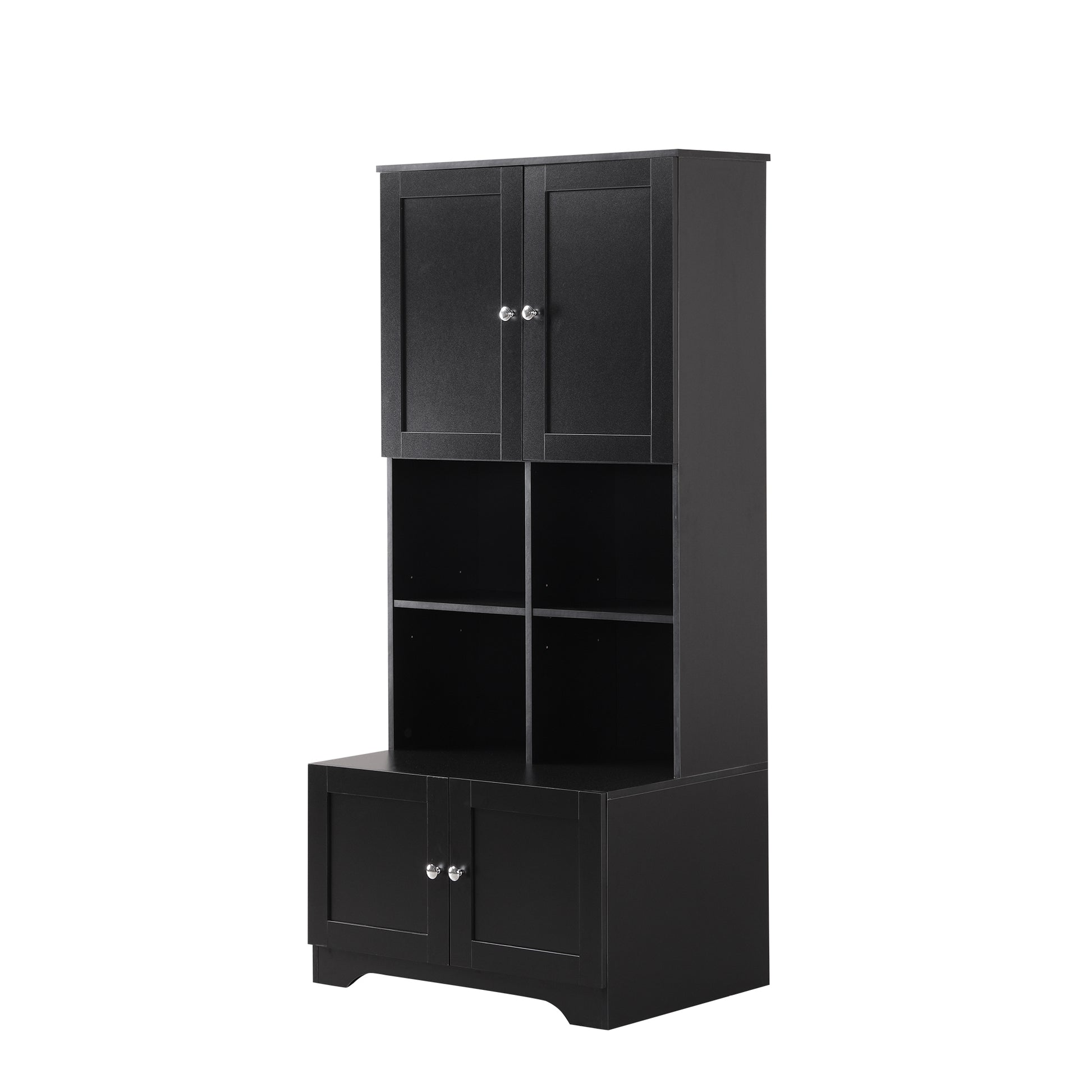 Tall And Wide Bathroom Floor Storage Cabinet, Bathroom Storage Unit, Freestanding Cabinet With 4 Doors, Adjustable Shelves, Open Multi Layer Shelves, Black Black Mdf