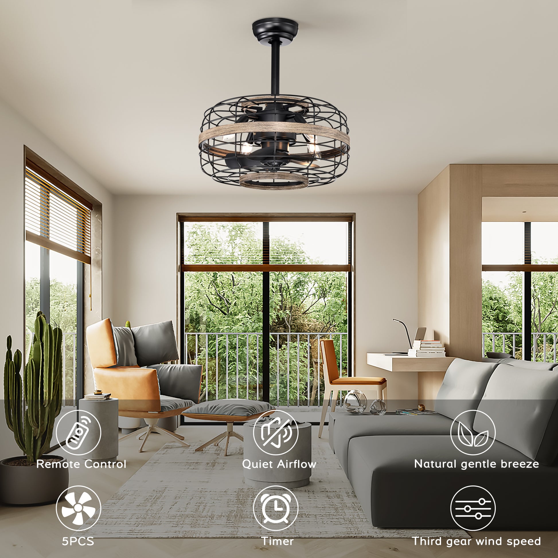 18'' Farmhouse Ceiling Fans Light Caged Ceiling Fan With Remote Control 3 Speeds Adjustable , Wood Rustic Enclosed Reversible Ceiling Fans For Bedroomliving Room, Kitchen. Matte Black American Traditional Abs Metal