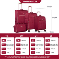 4 Piece Set 16 20 24 28 ,Softshell Suitcase Spinner Wheels Terylene Luggage Sets Carry On Suitcase Luggage Lightweight Durable Suitcasewine Red Wine Red Polyester