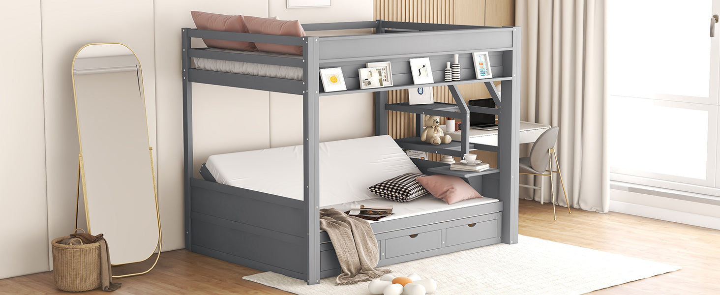 Wood Full Size Convertible Bunk Bed With Storage Staircase, Bedside Table, And 3 Drawers, Gray Gray Solid Wood Mdf