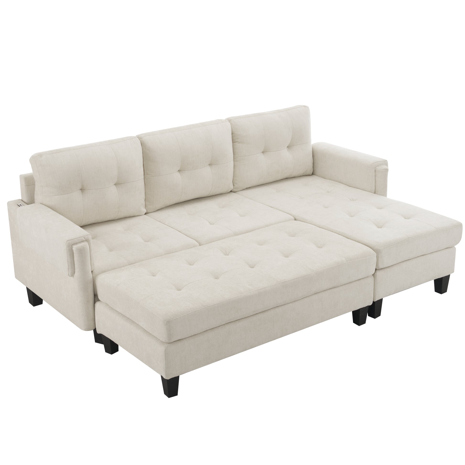 83.4" L Shaped Sofa Sectional Couch Sofa Bed With Two Usb Ports, A Movable Ottoman And A Reversible Chaise Lounge For Living Room, Beige Beige Foam Chenille 5 Seat