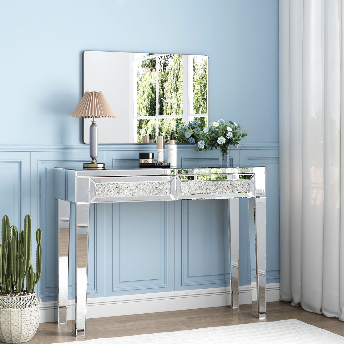 Mirrored Vanity Table Diamond Inlay 2 Drawer Silver Drawer 2 Drawers Bedroom Luxury,Modern Mirrored Finish Mirrored Mdf Glass,Mirror