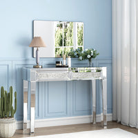 Mirrored Vanity Table Diamond Inlay 2 Drawer Silver Drawer 2 Drawers Bedroom Luxury,Modern Mirrored Finish Mirrored Mdf Glass,Mirror