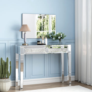Mirrored Vanity Table Diamond Inlay 2 Drawer Silver Drawer 2 Drawers Bedroom Luxury,Modern Mirrored Finish Mirrored Mdf Glass,Mirror