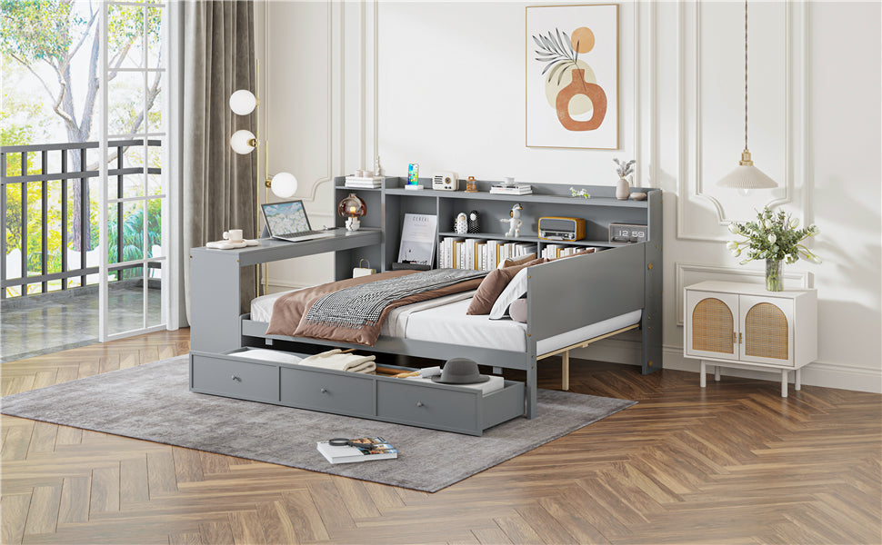 Full Size Wooden Daybed With 3 Drawers, Usb Ports And Deskgray Twin Gray Wood