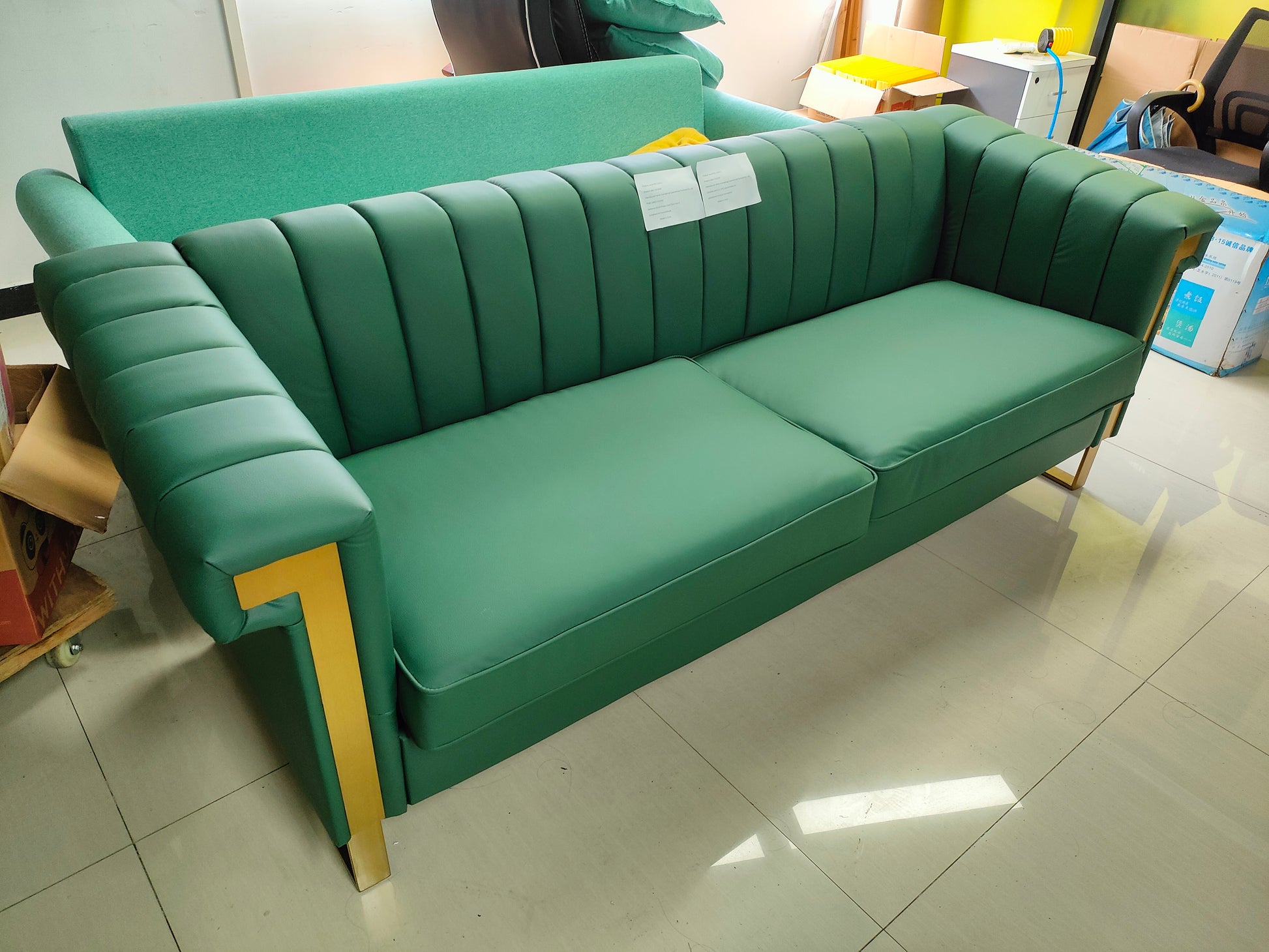 Fx P81Pu Gr Sofa Modern Green Pu Sofa With Gold Accents Sleek Channel Tufted Upholstery, 3 Seat Couch For Living Room And Office Decor Temu Suitable Retro Green Pu 2 Seat