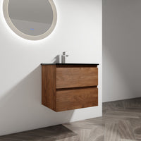 24" Wall Mounted Bathroom Vanity With Black Ceramic Sink, 2 Soft Close Drawers, Kd Package 2 Brown Oak Bathroom Wall Mounted Modern Plywood