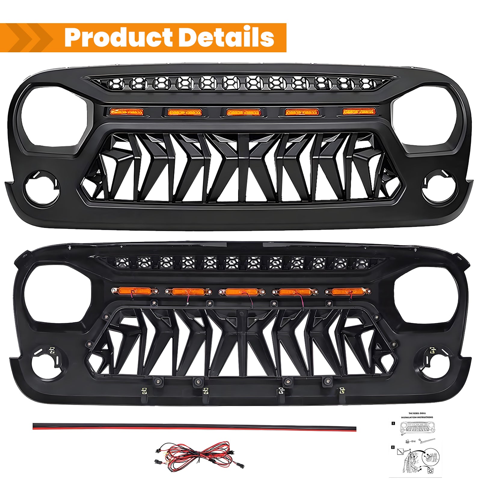 Front Matte Black Shark Grille Replacement Grill For Jeep Wrangler Jk 2007 2017 With Led Lights Black Abs