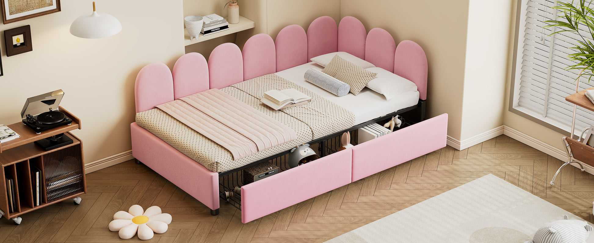 Twin Size Upholstered Daybed With 2 Drawers, Velvet Sofabed With Soft Fabric Headboard, No Box Spring Needed, Pink Twin Pink Wood Fabric