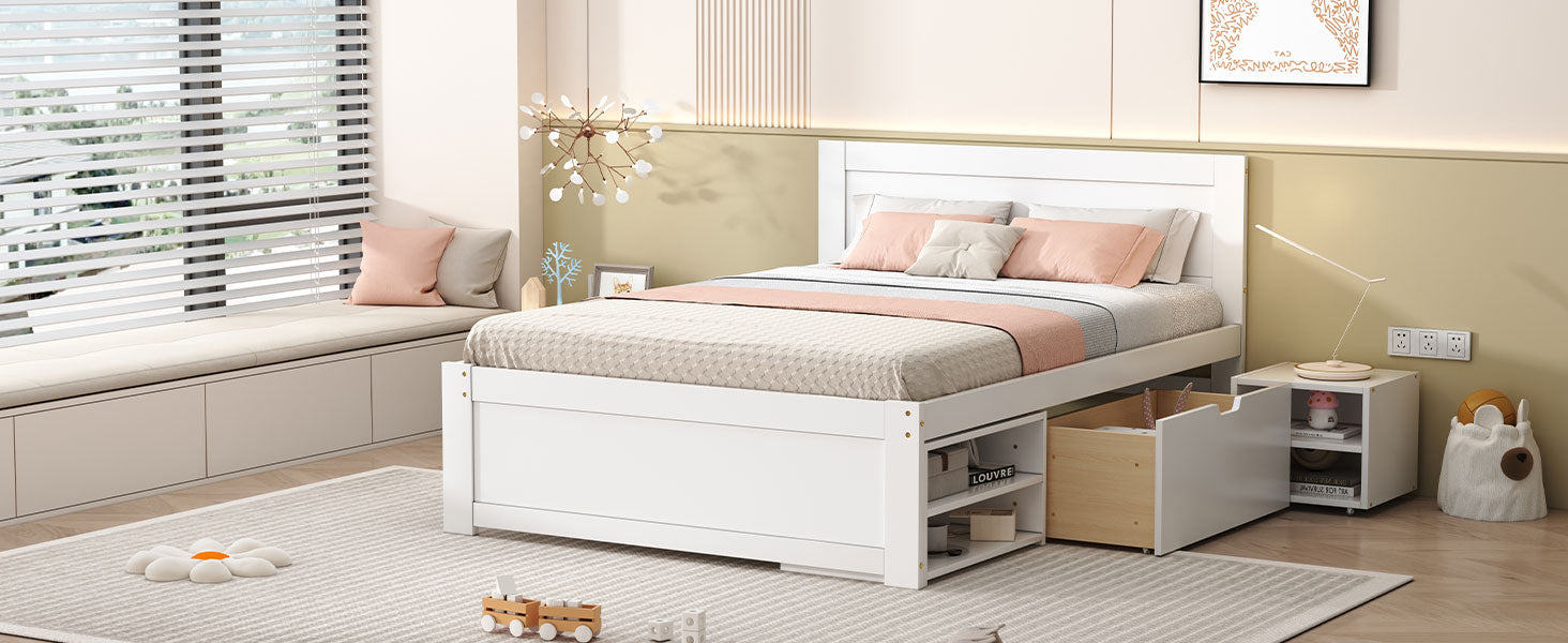 Full Size Platform Bed With Drawer And Two Shelves, White Full Antique White Mdf Lvl