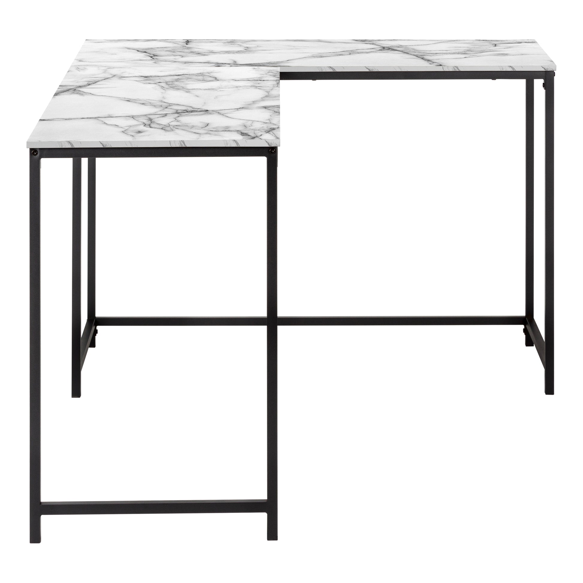 Computer Desk, Home Office, Corner, 58"L, L Shape, Work, Laptop, White Marble Look Laminate, Black Metal, Contemporary, Modern White Particle Board