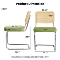 Mid Century Modern Dining Chairs Set Of 2, Velvet Accent Chairs With Natural Cane Back, Green Green Dining Room Foam Dining Chairs Set Of 2 Fabric,Pe Rattan Iron