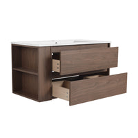 36" Wall Mounting Bathroom Vanity With Ceramic Sink, Soft Close Drawer 2 Brown Oak 1 Bathroom Wall Mounted Modern Plywood