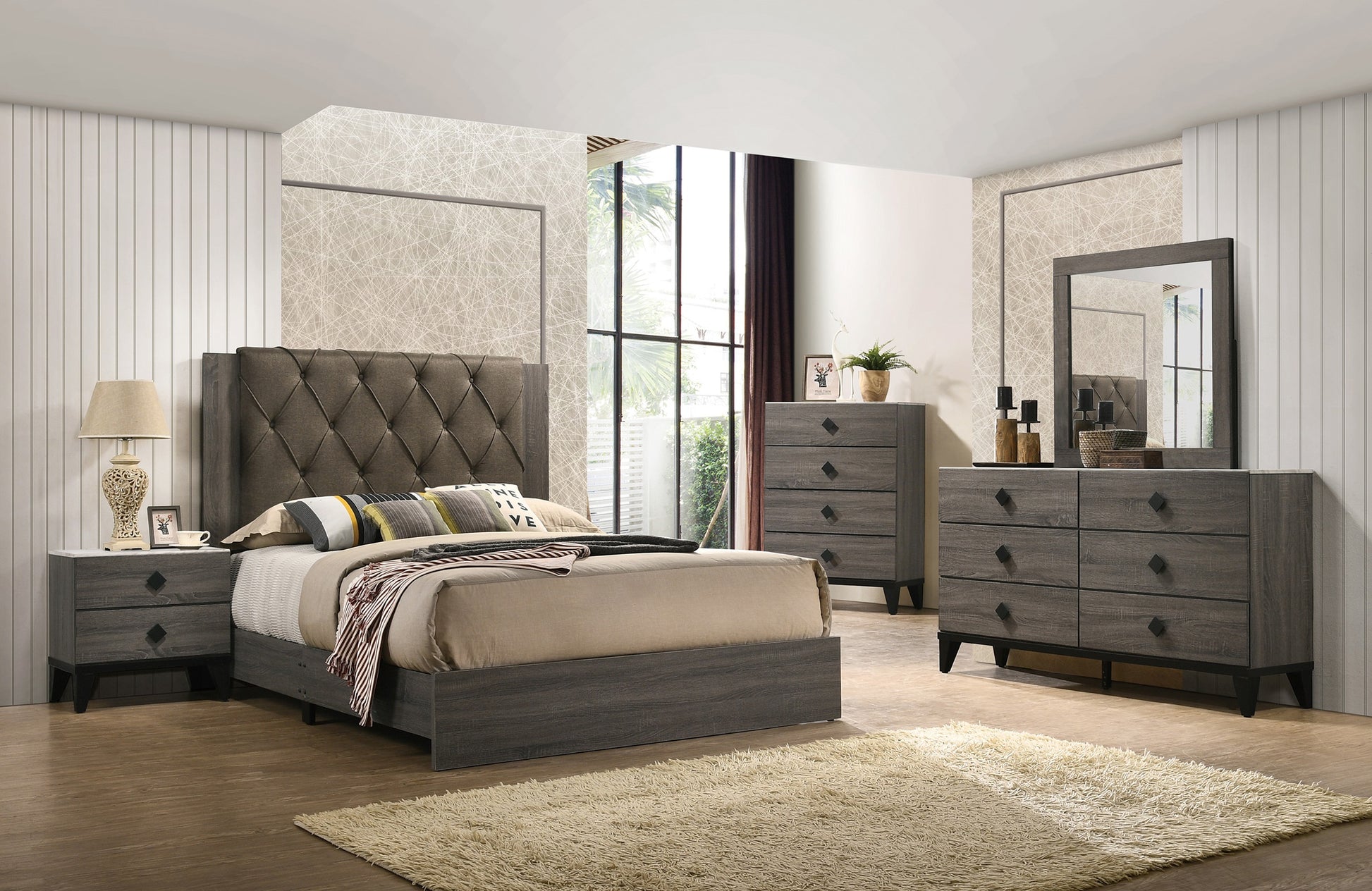 Contemporary 1Pc King Size Bed Bedroom Furniture Tufted Design Headboard Rubberwood 1Pc Bedframe Gray Finish Box Spring Required King Gray Wood Bedroom Classic,Contemporary,Modern,Transitional