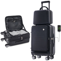 Carry On Luggage 20 Inch Front Open Luggage Lightweight Suitcase With Front Pocket And Usb Port, 1 Portable Carrying Case Black Abs