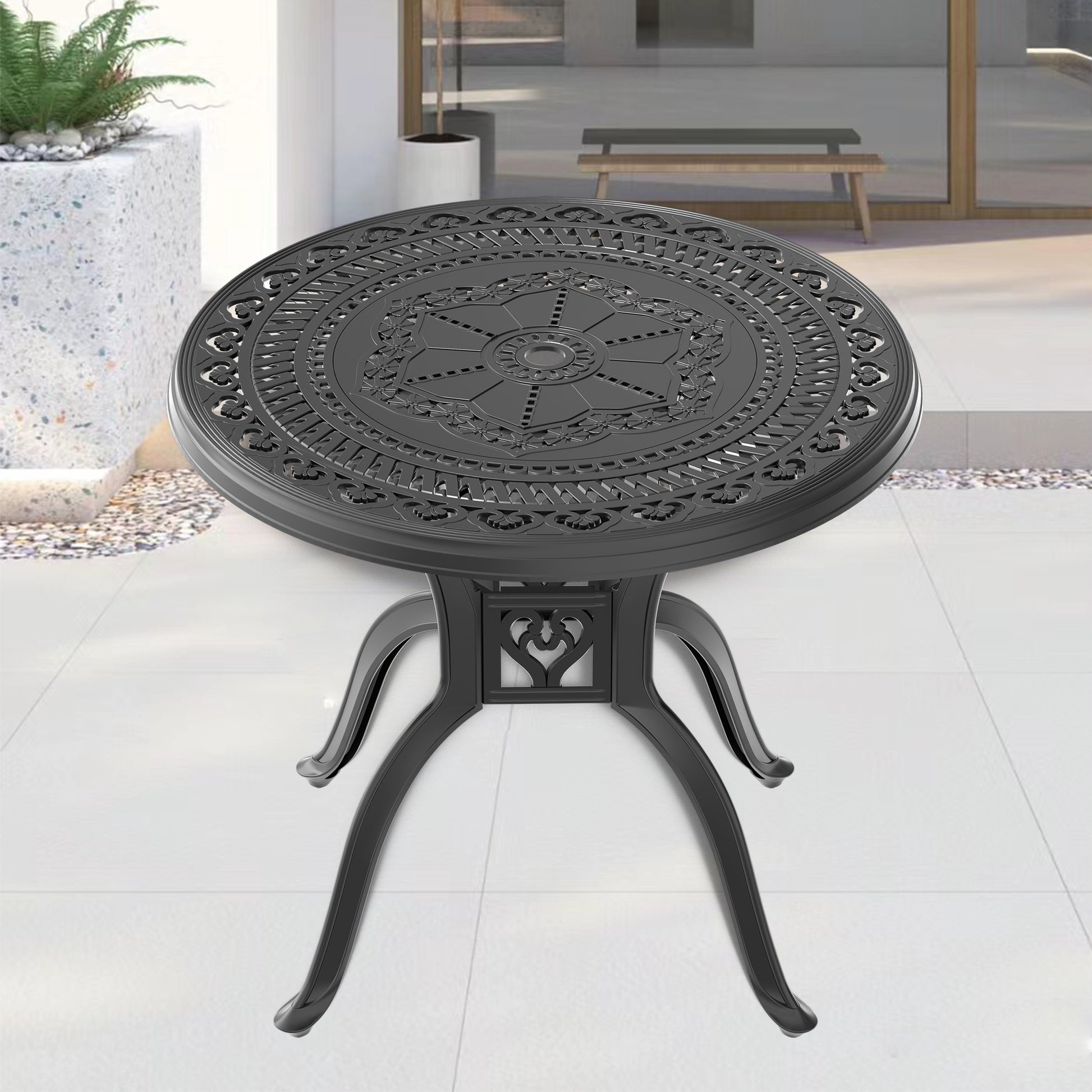 31.50 Inch Cast Aluminum Patio Dining Table With Black Frame And Umbrella Hole Yes Complete Patio Set Black Weather Resistant Frame Garden & Outdoor Complete Patio Sets Metal Aluminium