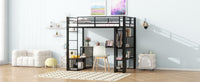 Full Size Metal Loft Bed With Storage Iron Mesh And Mdf Shelves And Open Wardrobe,Black Black Metal