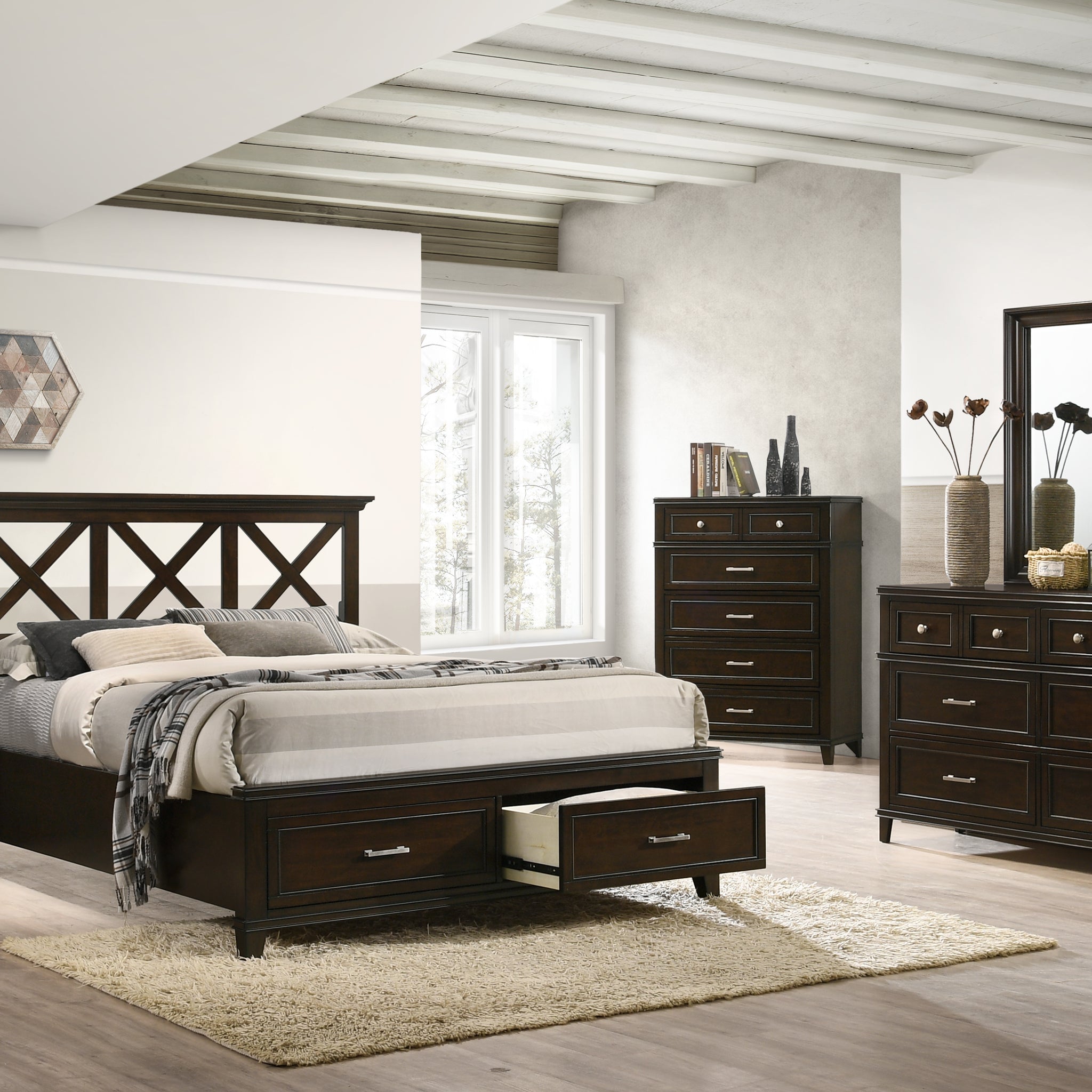 Queen X Storage Bed Mahogany Solid Wood Mdf