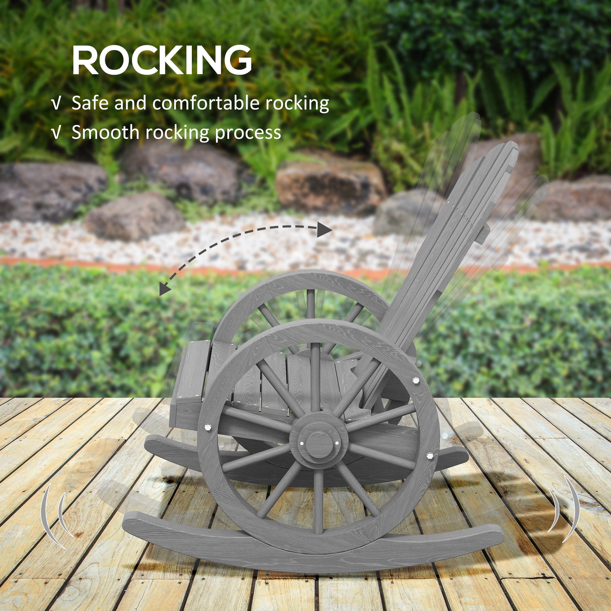 Outsunny Wooden Rocking Chair, Adirondack Rocker Chair W Slatted Design And Oversized Back, Outdoor Rocking Chair With Wagon Wheel Armrest For Porch, Poolside, And Garden, Gray Gray Wood