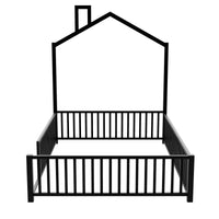 Full Size Metal House Platform Bed With Guardrail And Chimney, Black Box Spring Not Required Full Black Metal Metal