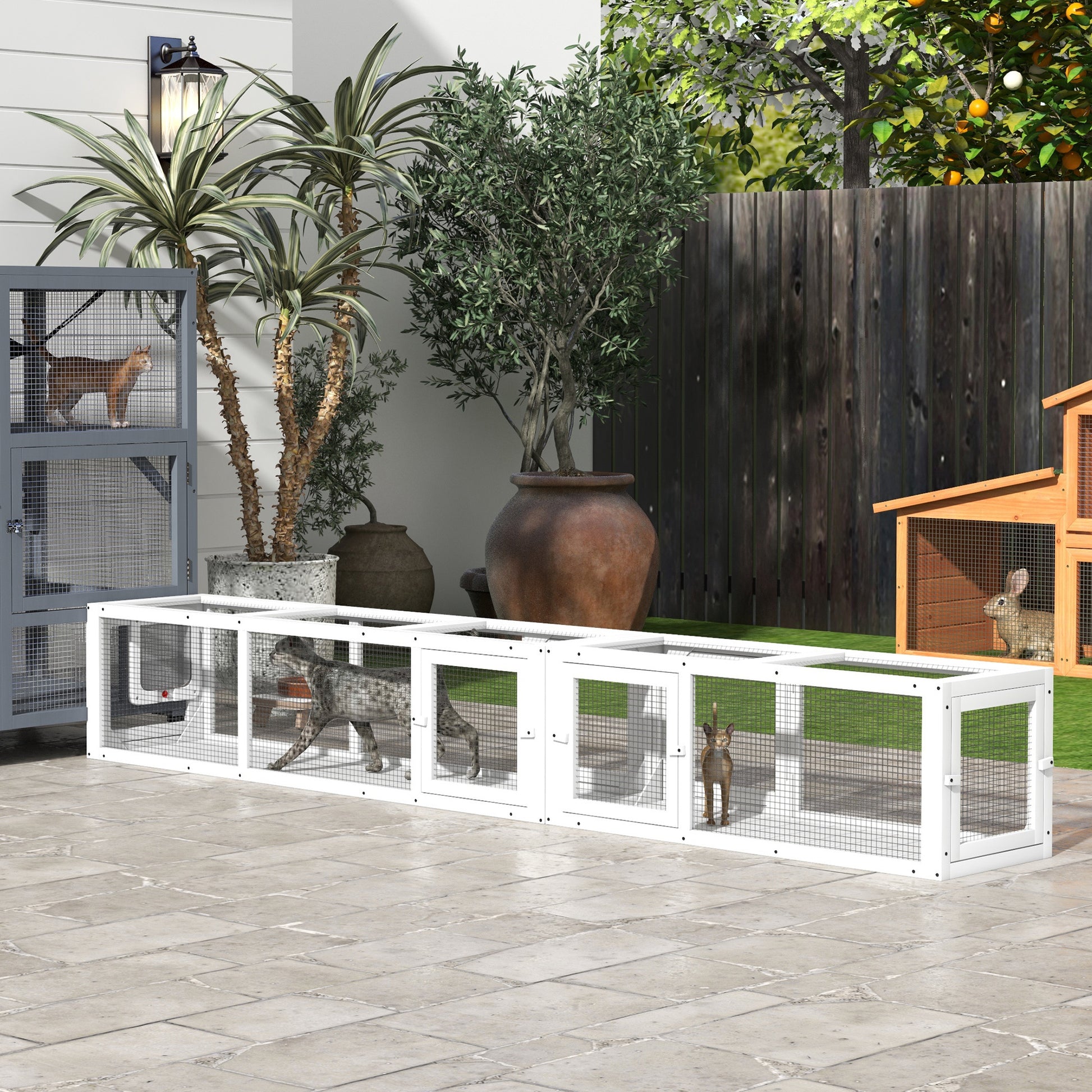 Pawhut Cat Tunnel Outdoor, Wooden Cat Tube With Combinable Design, 8 Doors, 98" Cat Toys For Kitty, Puppy, Pet, House, Window, Cage, White White Wood