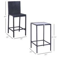 Outsunny 3Pcs Rattan Bar Set With Glass Top Table, 2 Bar Stools For Outdoor, Patio, Garden, Poolside, Backyard Black Aluminum