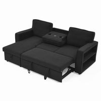 Linen Upholstered Sleeper Sectional Sofa, Shaped Modular Convertible Sofa With Storage Chaise,There Are Two Cup Holders In The Middle And Usb Multi Interface Function,Pull Out Sleep Couch Bed ,Black