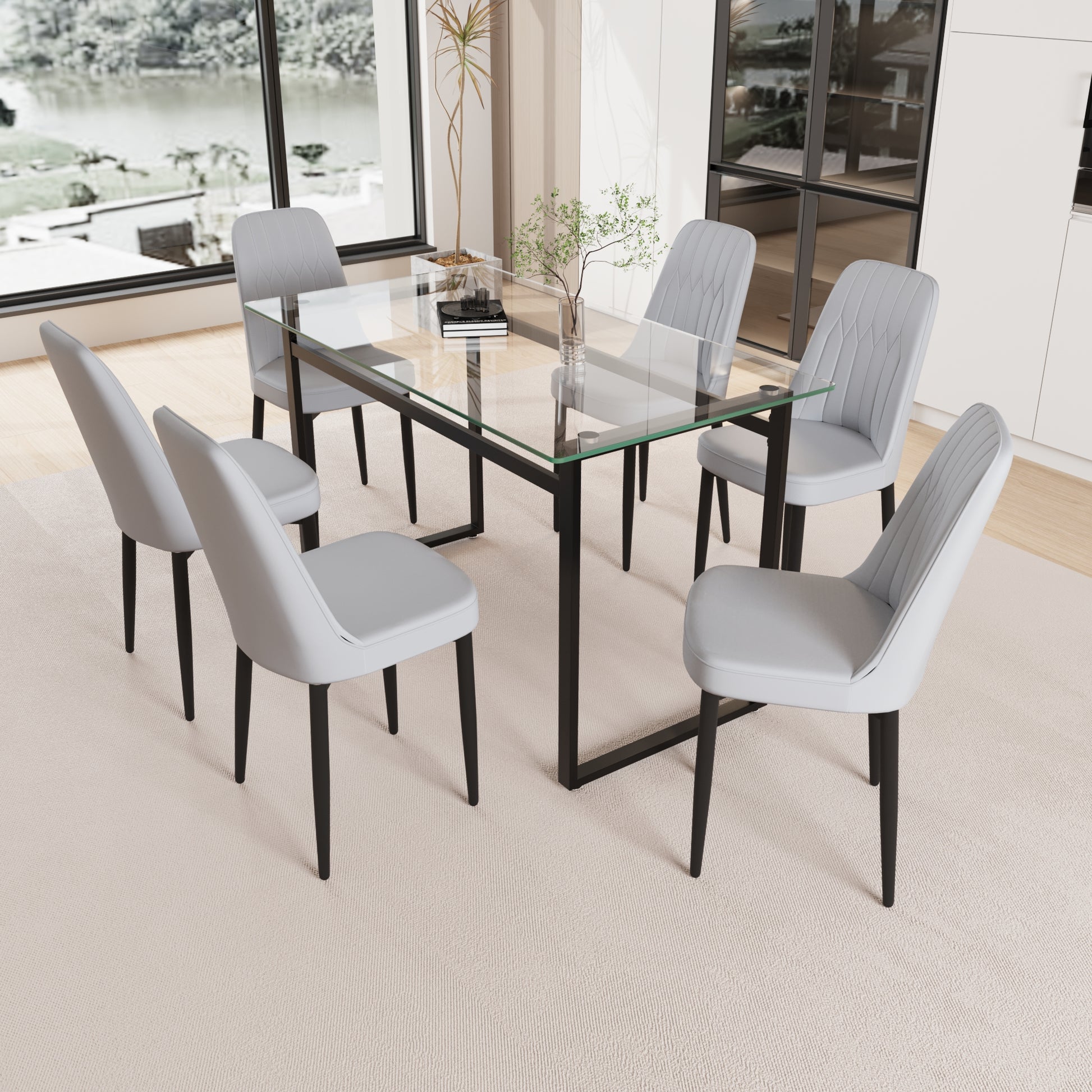 51" 6 Person Glass Dining Table Set, Kitchen Set With Black Metal Leg Dining Table And Chairs, Modern Rectangular Tempered Glass Tabletop And Dining Room Thick Cushioned Pu Dining Chair Black Gray