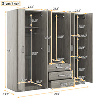 6 Doors Wooden Wardrobe Storage For Bedroom, With Big Drawers, Gray Gray Plywood