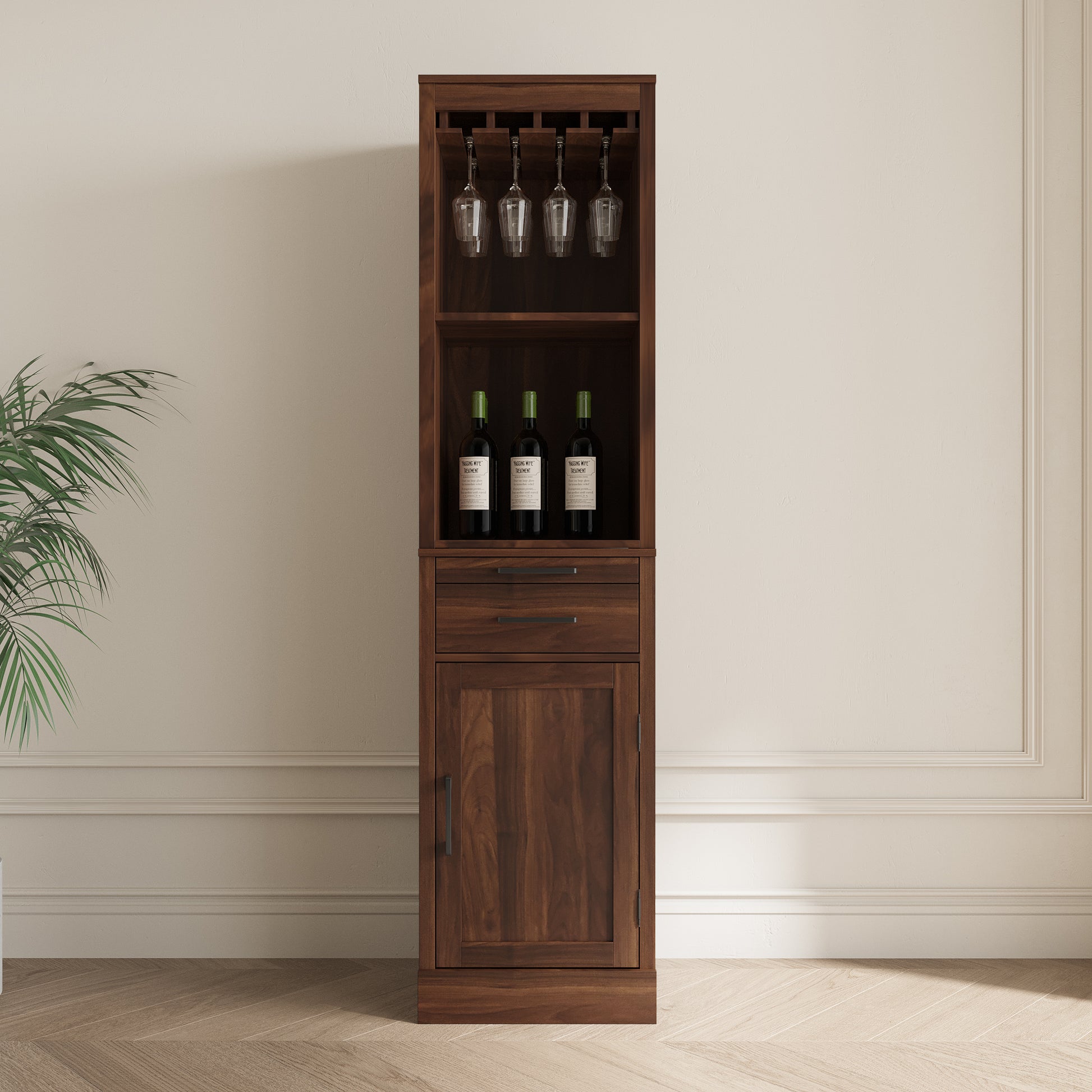 Brown Walnut Color Modular Wine Bar Cabinet Buffet Cabinet With Hutch For Dining Room Walnut Particle Board Mdf