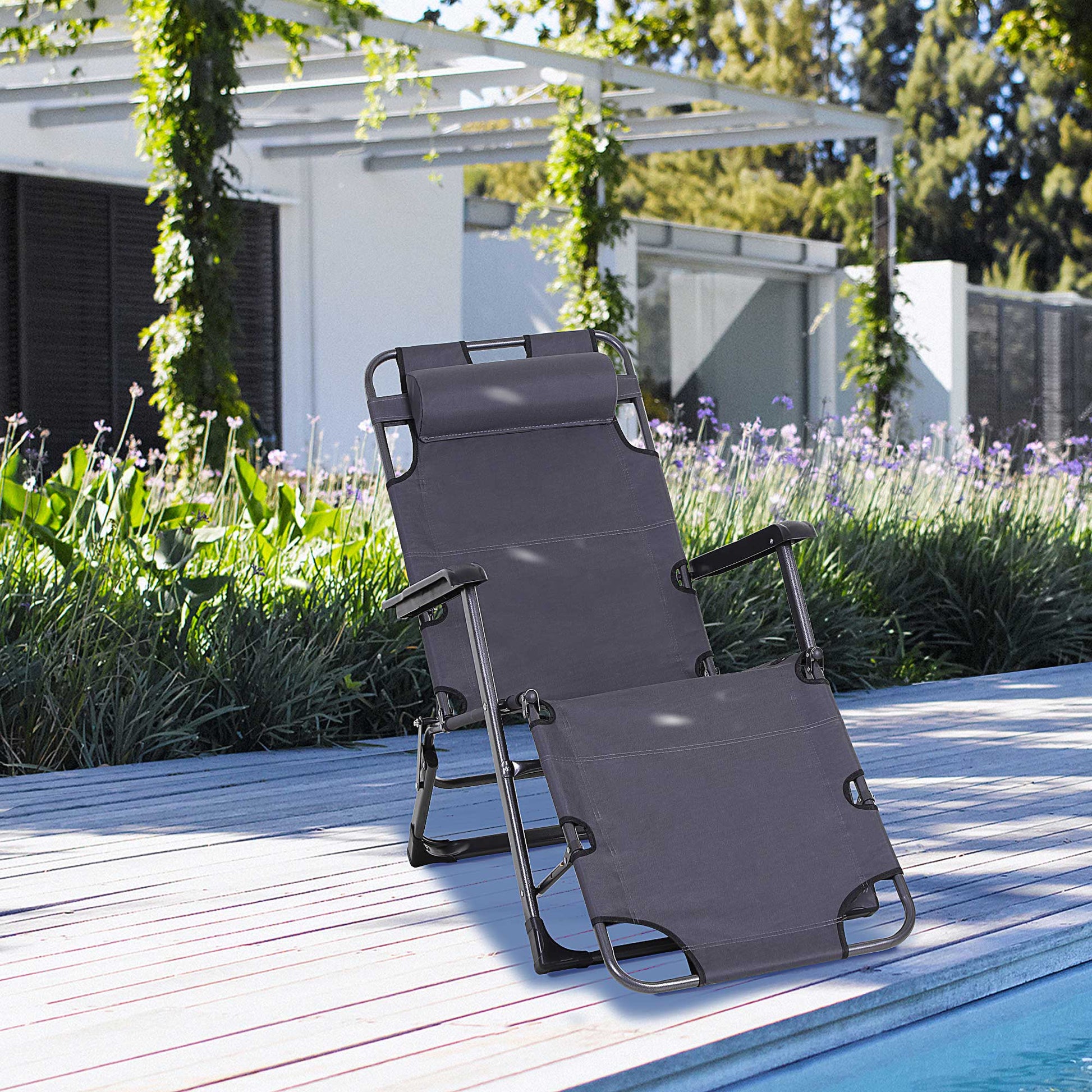 Outsunny Folding Chaise Lounge Chair For Outside, 2 In 1 Tanning Chair With Pillow & Pocket, Adjustable Pool Chair For Beach, Patio, Lawn, Deck, Gray Grey Metal