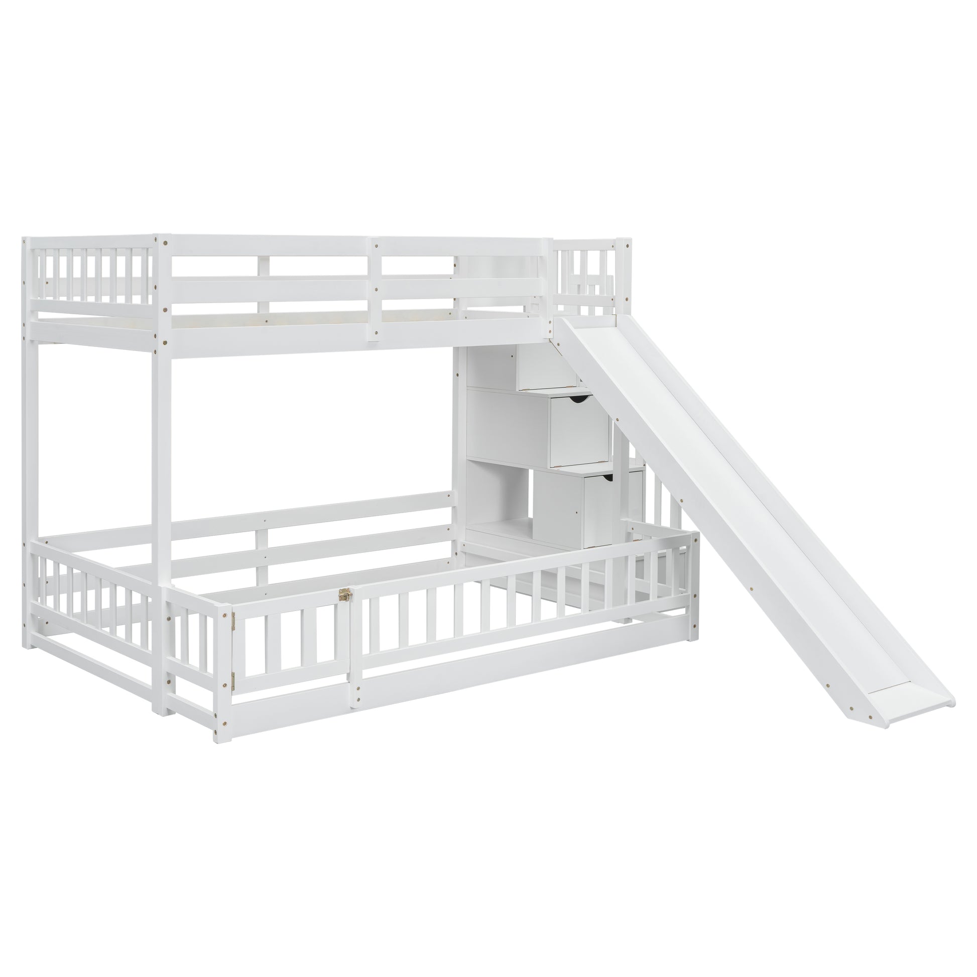 Twin Over Full Bunk Bed With Slide, Storage Staircase, Pine Solid Wooden Bunk Bed With Safety Guardrails,White White Pine