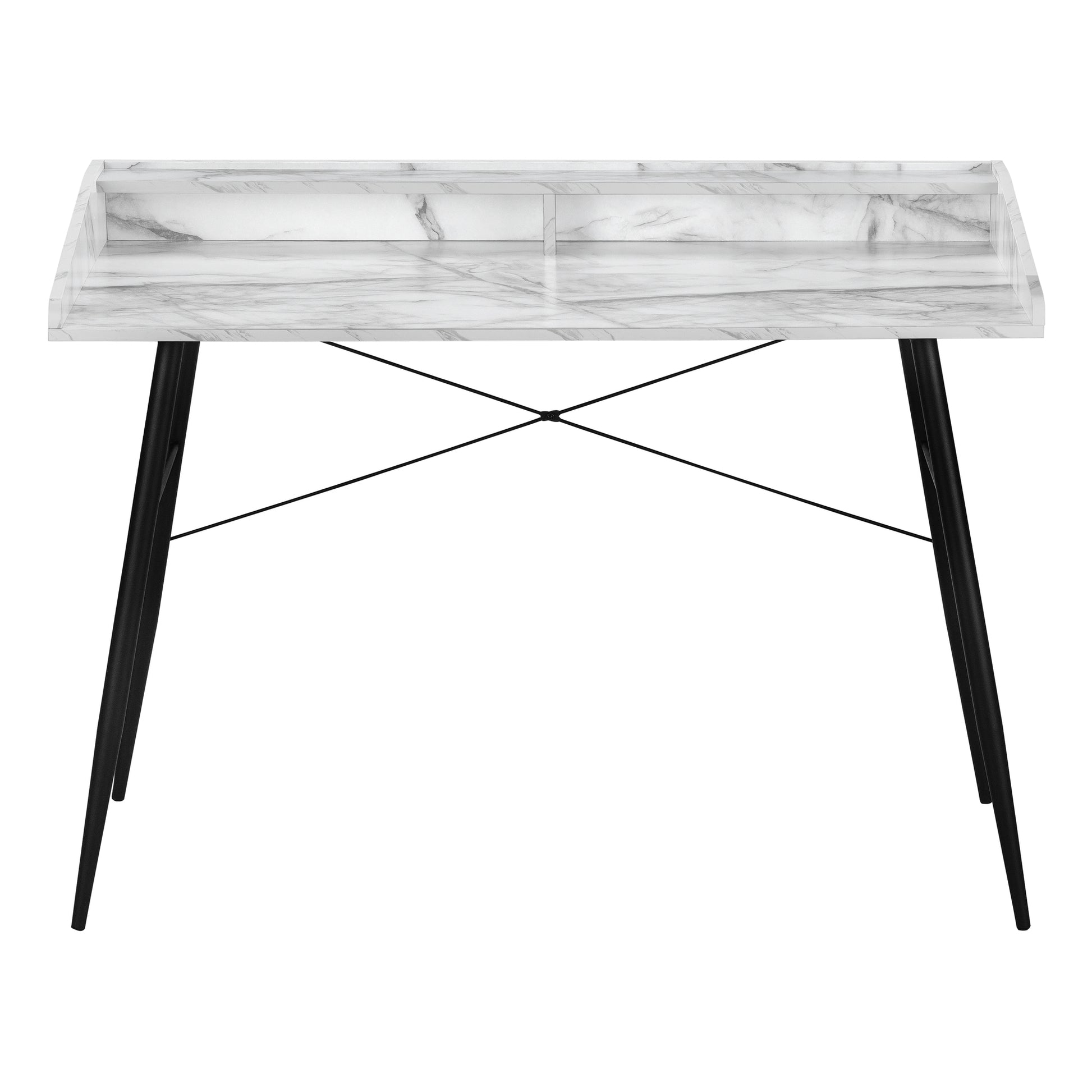 Computer Desk, Home Office, Laptop, Storage Shelves, 48"L, Work, White Marble Look Laminate, Black Metal, Contemporary, Modern White Particle Board