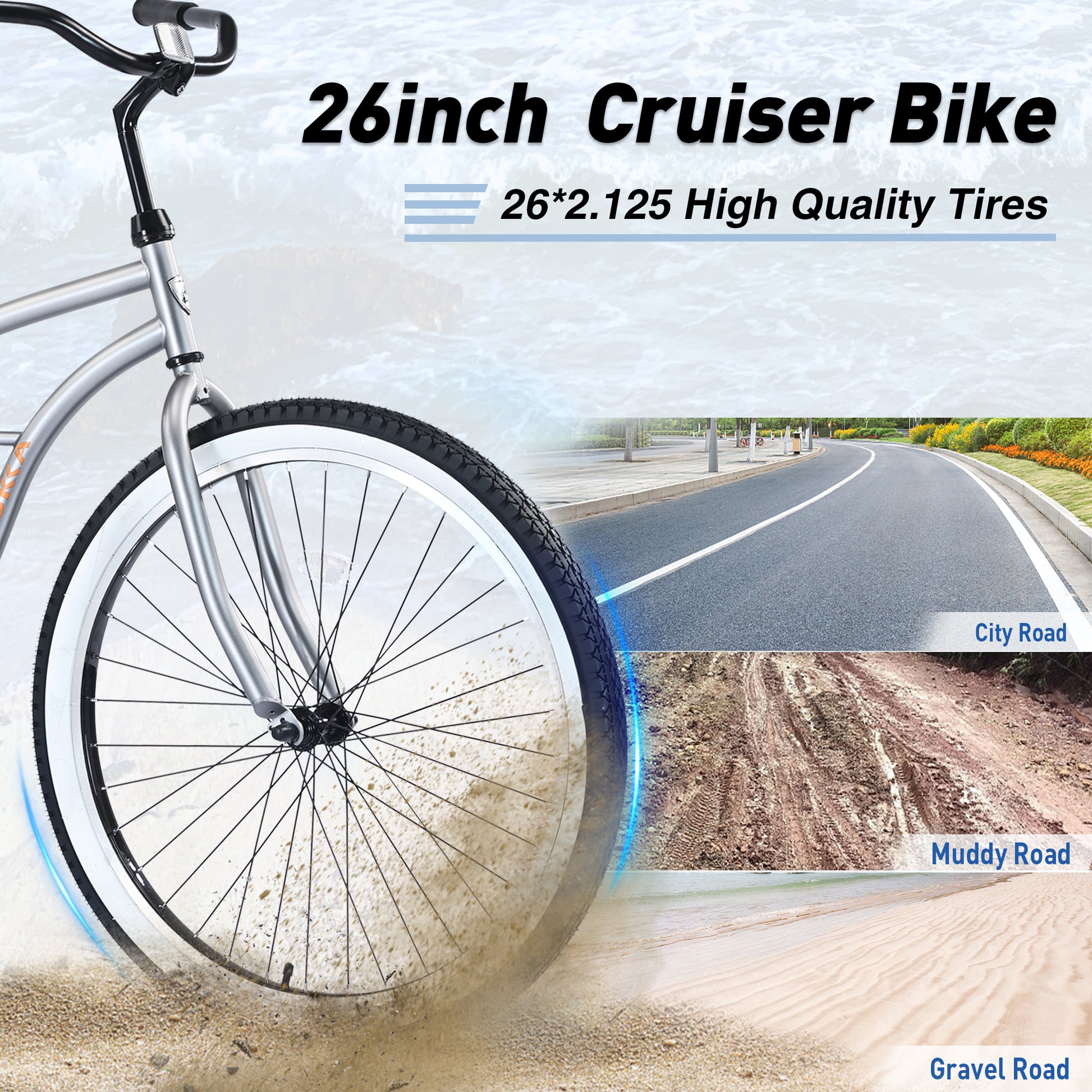 Single Speed Bicycles 26"Inch,Steel Frame, Wide Wheels For Stability, Rear Coaster Brakes,Multiple Colors Men'S Beach Cruiser Bike Cycling Silver Grey Garden & Outdoor Steel